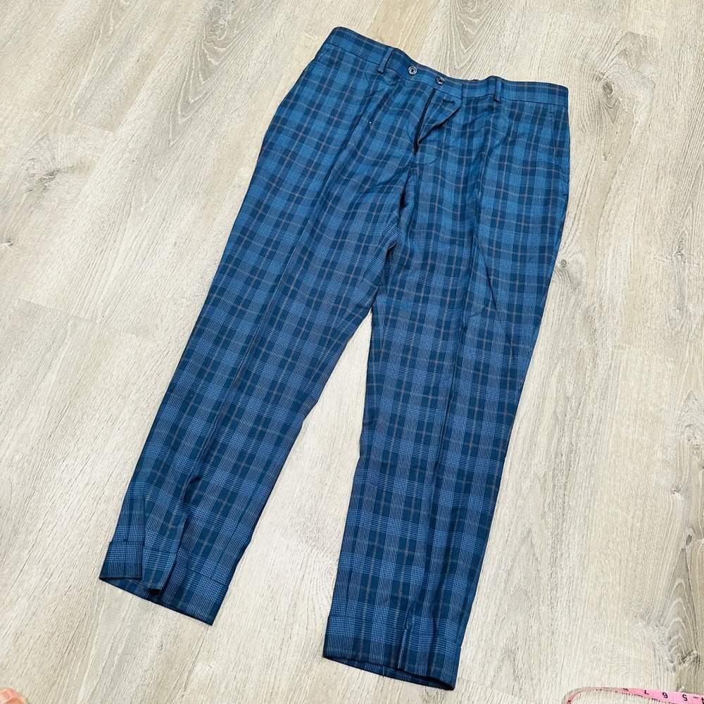 Tiglio Luxe Pants Mens Blue Plaid 100% Wool Italian Fabric Dress Pants 36R 36x29